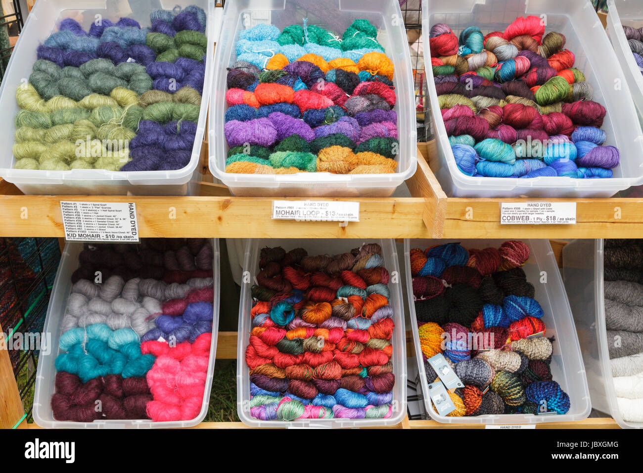 BOUCKVILLE, NY, USA - JUNE 10 2017: Bins of skeins for sale at the annual Fiber Festival of Central New York. Stock Photo