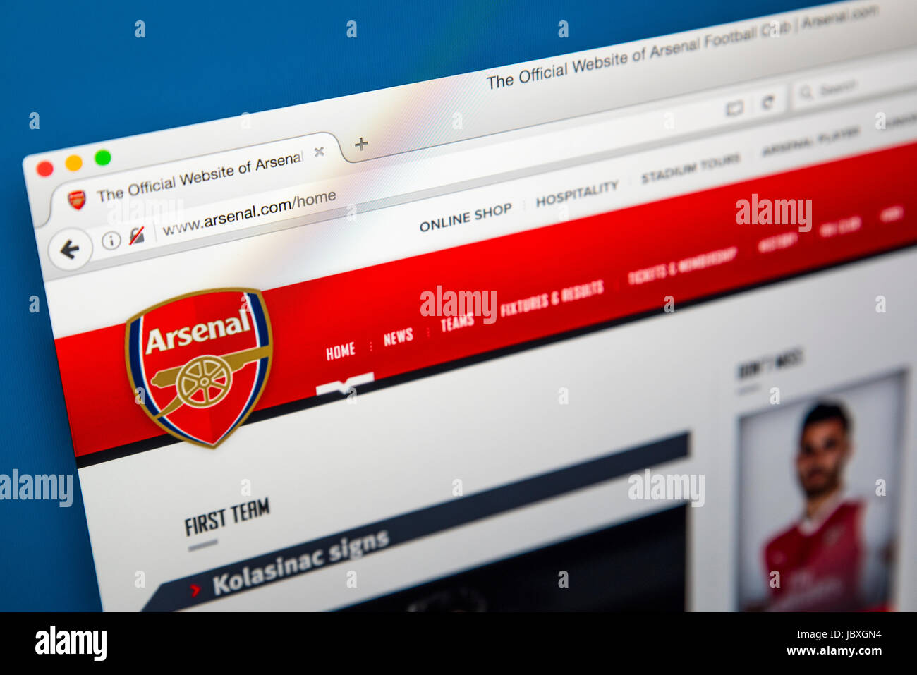 LONDON, UK - JUNE 8TH 2017: The homepage of the official website for Arsenal Football Club, on 8th June 2017. Stock Photo