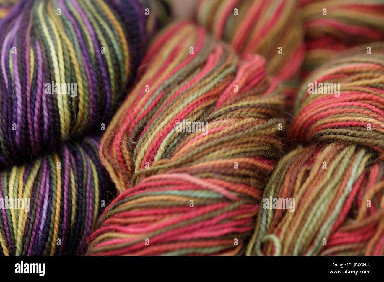 BOUCKVILLE, NY, USA - JUNE 10 2017: Hand dyed fiber skeins for sale at the annual Fiber Festival of Central New York. Stock Photo