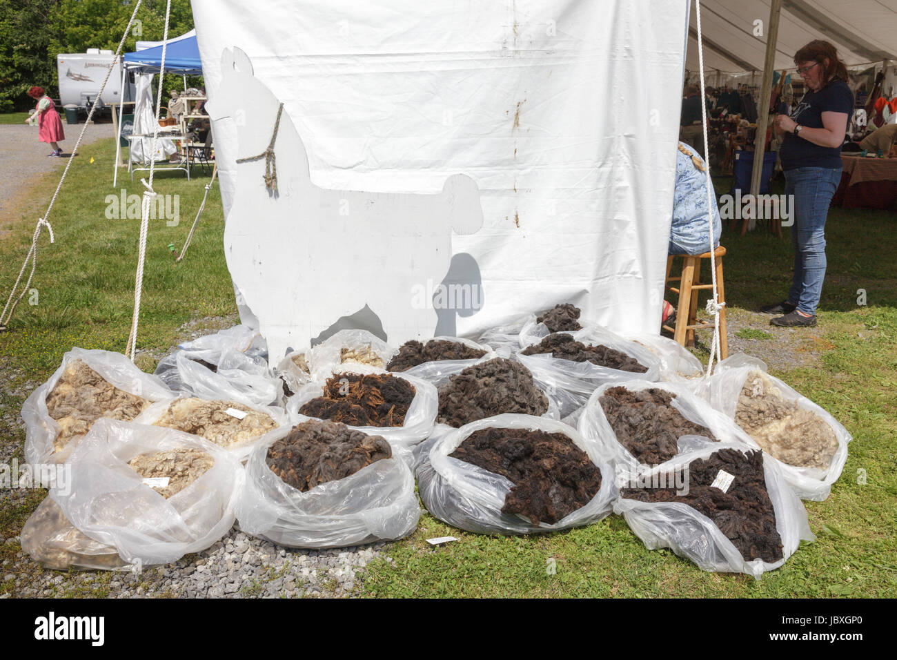 BOUCKVILLE, NY, USA - JUNE 10 2017: Bags of nwool for sale at the annual Fiber Festival of Central New York. Stock Photo