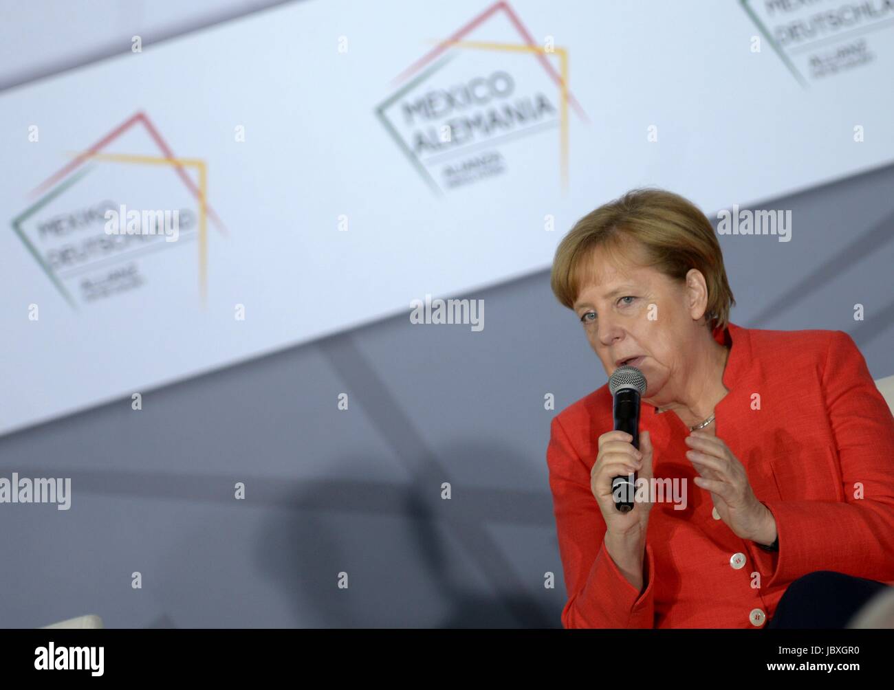 German Chancellor Angela Merkel speaks during a meeting with Mexican business leaders at the Interactive Economics Museum June 10, 2017 in Mexico City, Mexico. Stock Photo