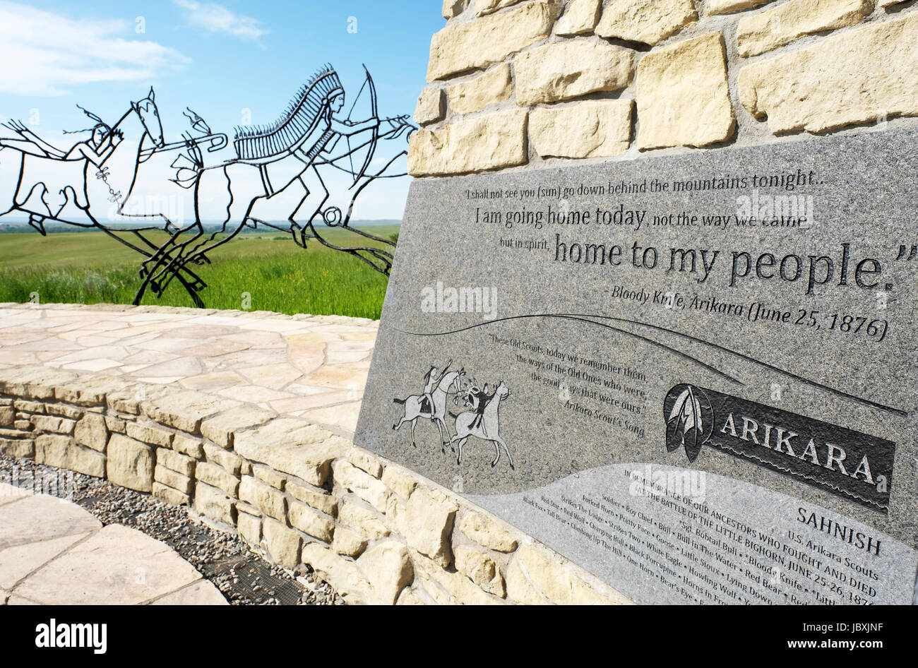 Bronze tracing sculptures of warriors, Indian Memorial, Little Bighorn Battlefield National Monument, Crow Agency, Montana, USA. Stock Photo