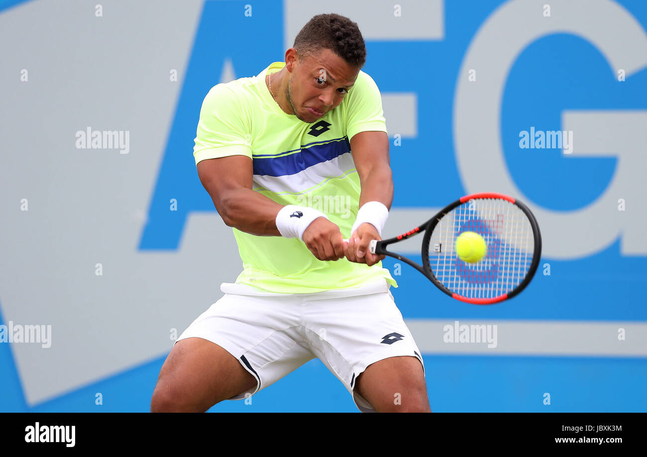 Great Britain's Jay Clarke in action against India's Yuki Bhambri, during  day one of the AEGON Open Nottingham at Nottingham Tennis Centre Stock  Photo - Alamy