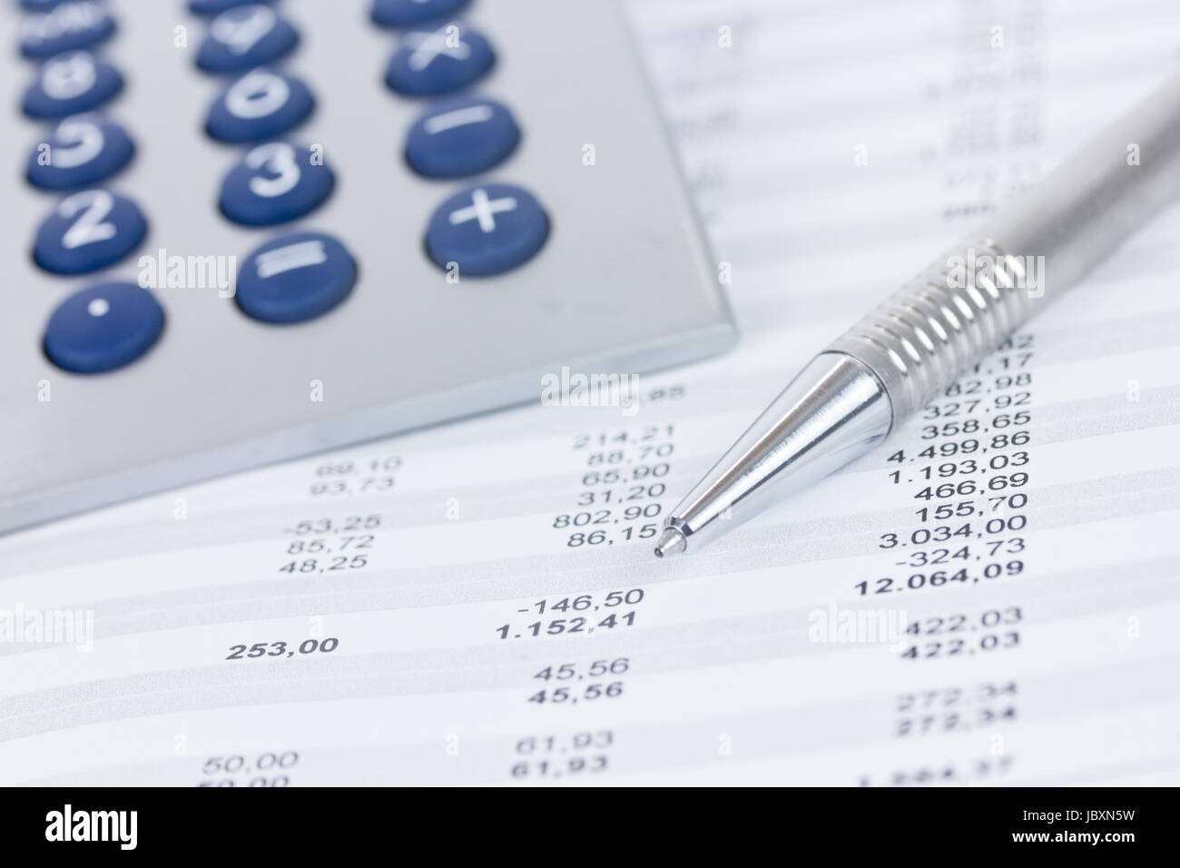 calculator and columns of figures Stock Photo