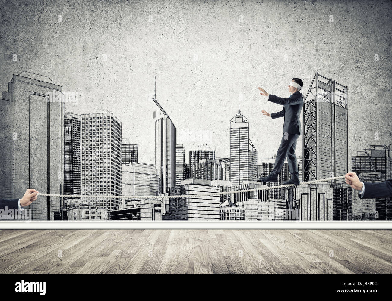 Businessman with blindfolder on eyes walking on rope Stock Photo - Alamy