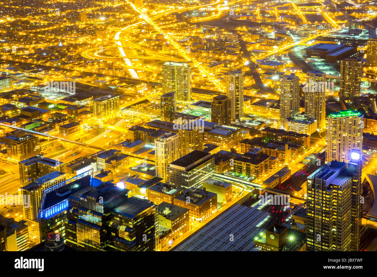 Aerial view of Chicago City downtown at night Stock Photo - Alamy