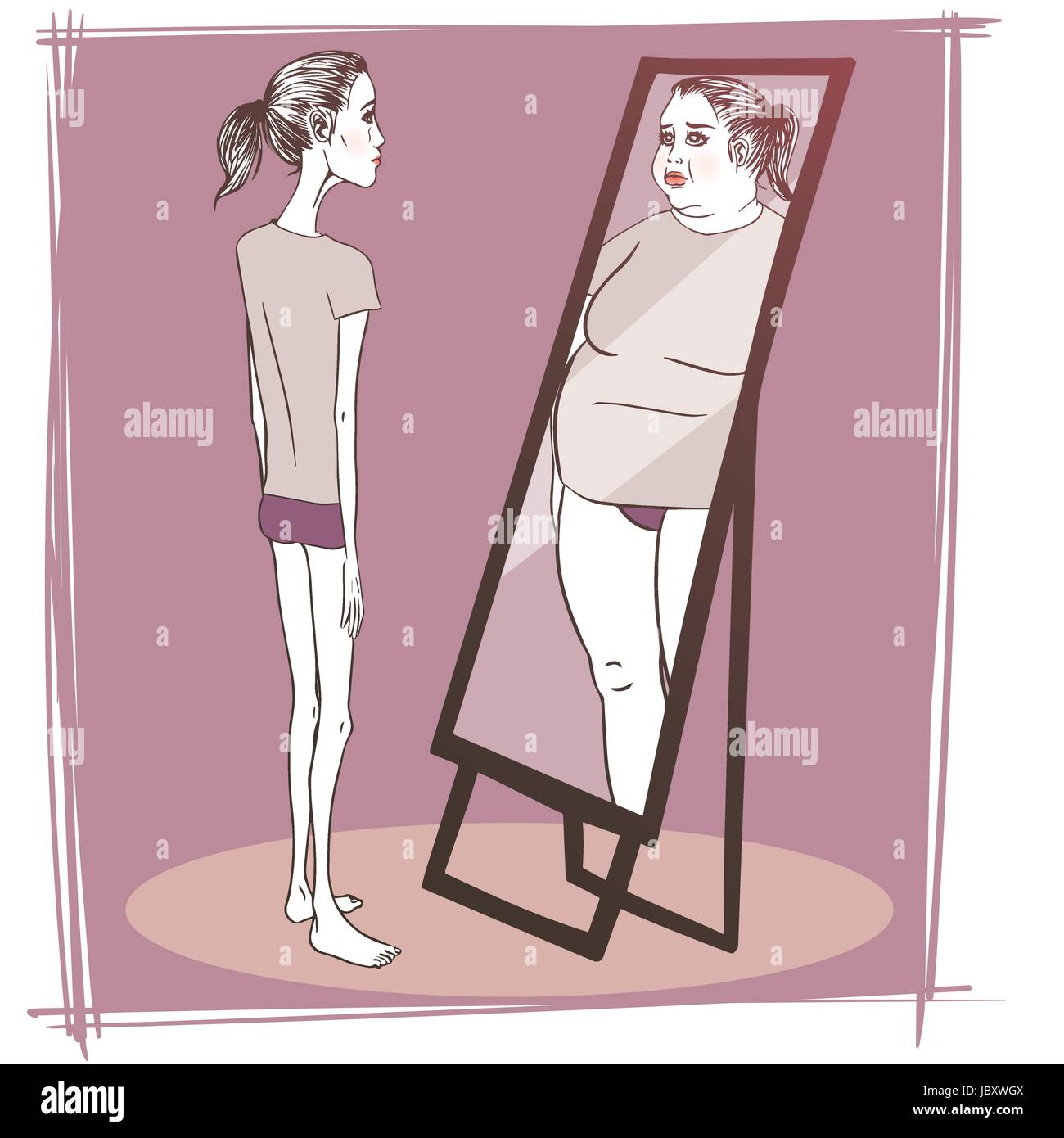 Young woman suffering from anorexia looking in the mirror Stock Vector