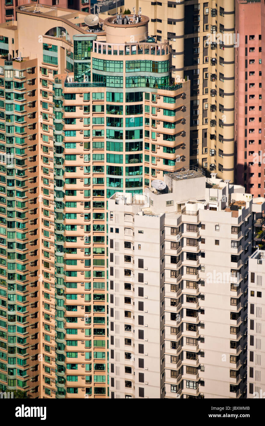 Vertical view of the many tower block apartments in Hong Kong, China