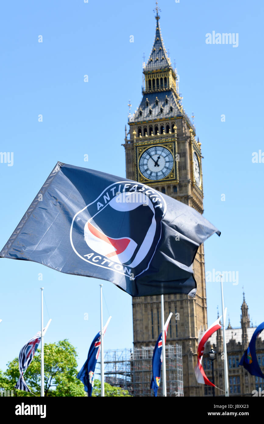 Antifascist Action. Demonstrators against the Tory DUP alliance gathered in Parliament Square and marched on Downing Street. London, UK Stock Photo