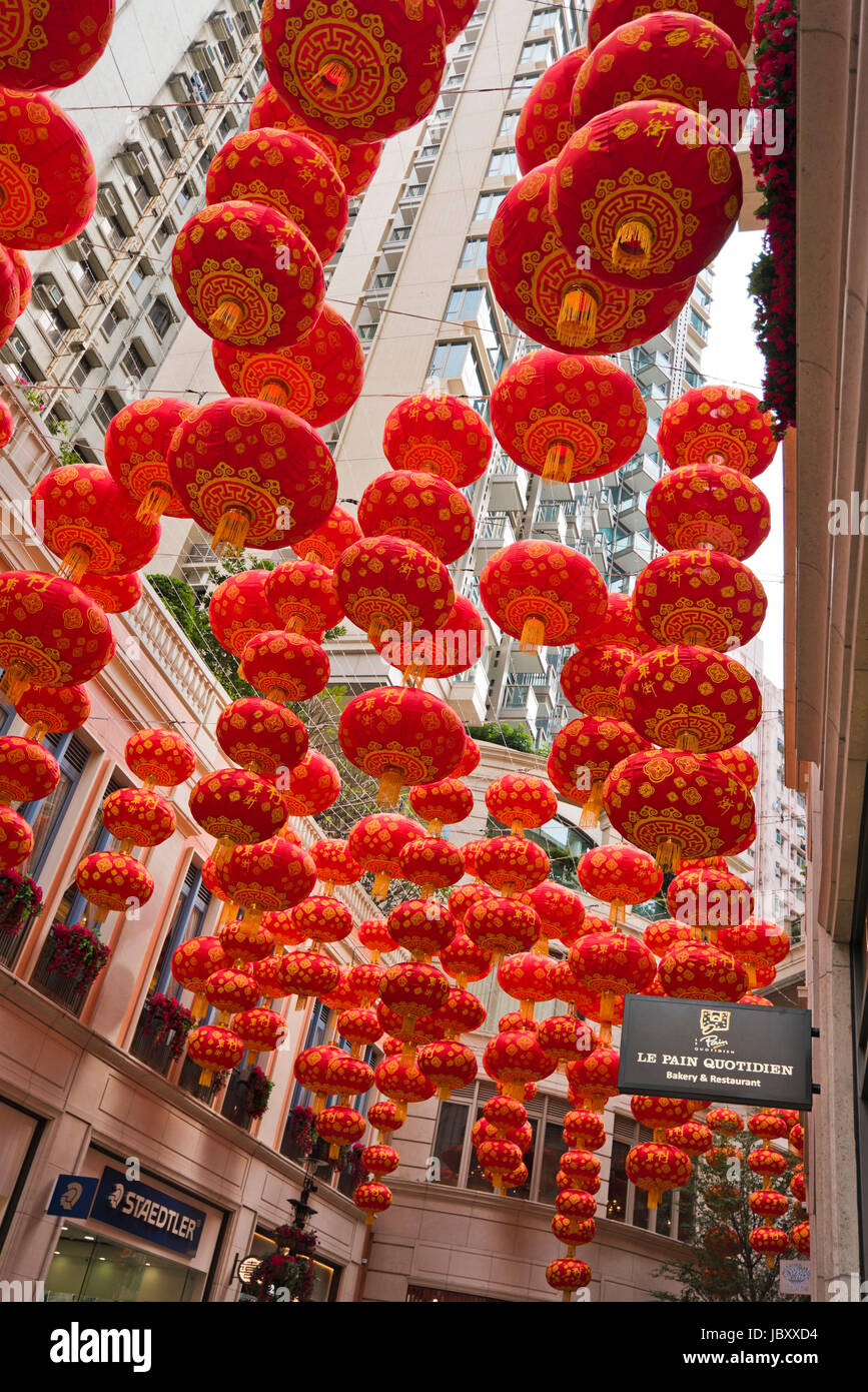 Vertical view of Chinese New Year decorations hanging up at the Lee Tung Street urban renewal project in Hong Kong, China. Stock Photo