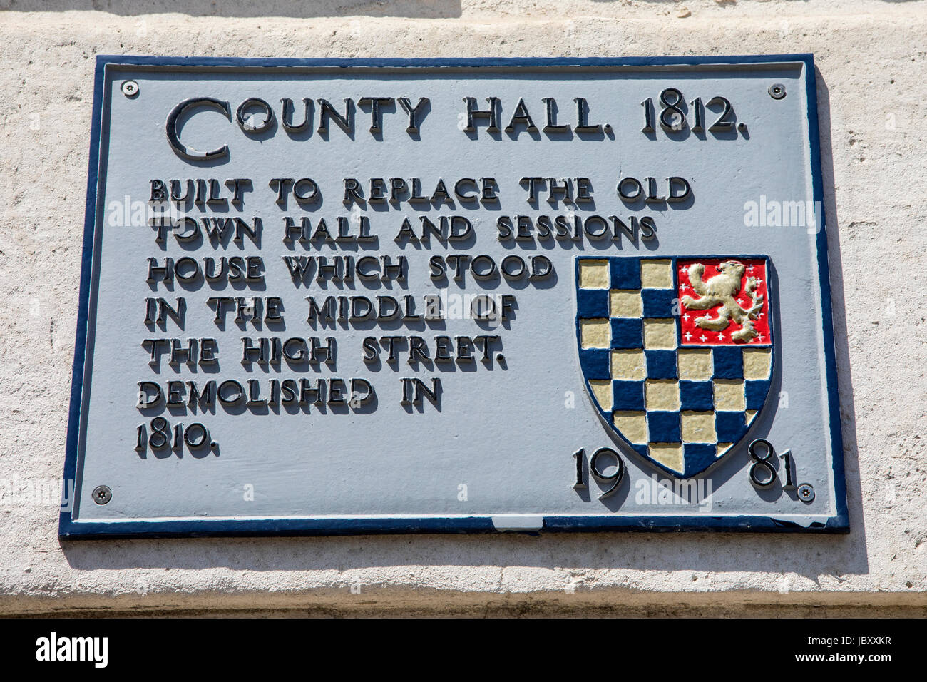 LEWES, UK - MAY 31ST 2017: The plaque at County Hall in Lewes, East Sussex, detailing the building’s history, on 31st May 2017. Stock Photo