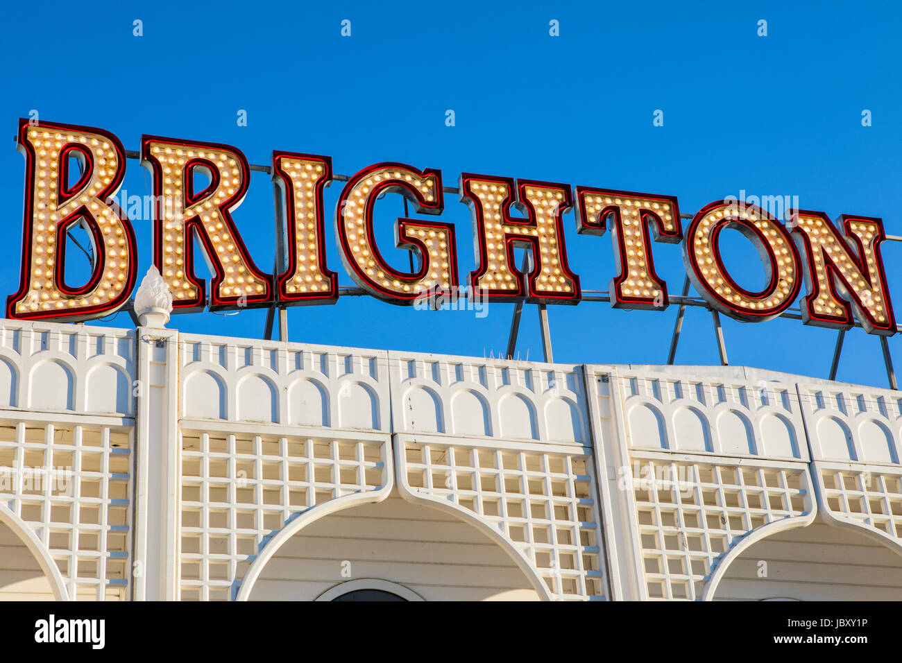 BRIGHTON, UK - MAY 31ST 2017: Brighton in lights on the historic Brighton Pier in East Sussex, UK, on 31st May 2017. Stock Photo