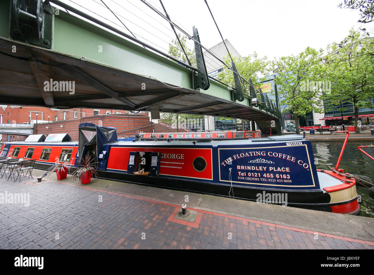 Birmingham, UK. 12th June, 2017. Cafe barge opposite the International Conference Centre, Birmingham Stock Photo