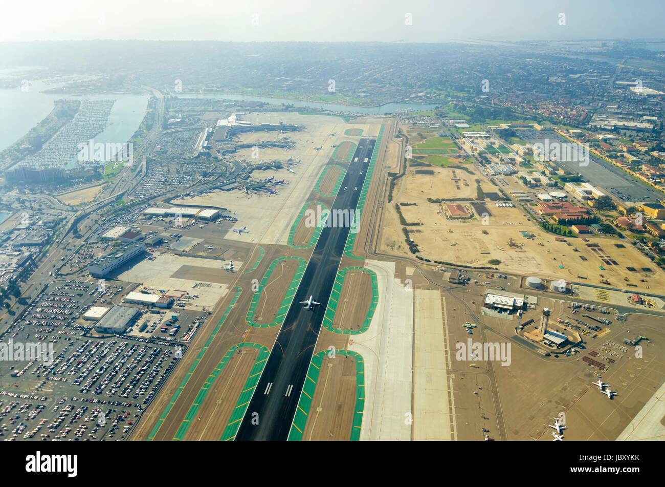 Aerial view of the San Diego International Airport, river and pacific