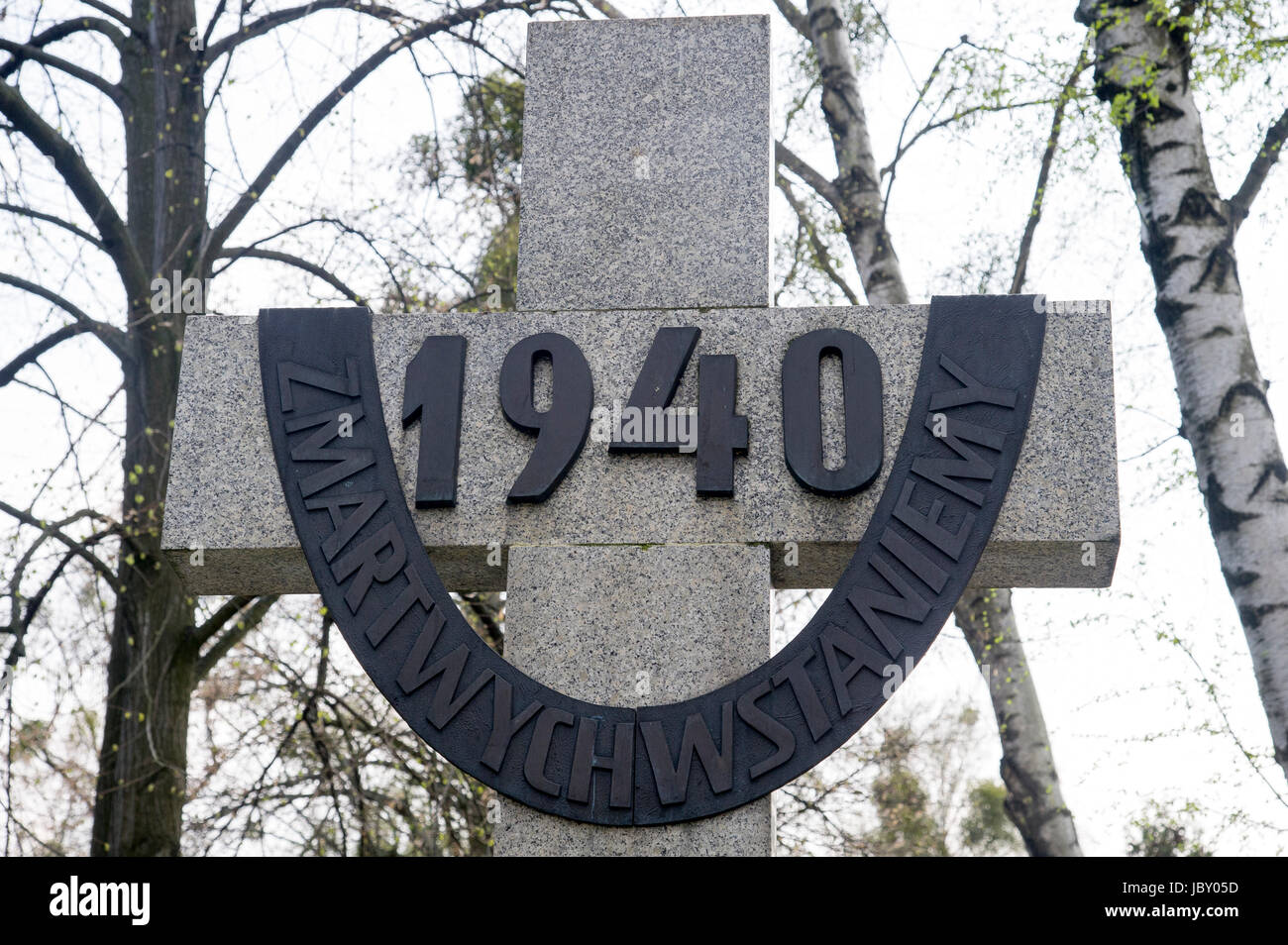 Monument dedicated to the victims of the Katyn Massacre in 1940. Powazki Military Cemetery (Cmentarz Wojskowy na Powazkach) in Warsaw, Poland 5 April Stock Photo