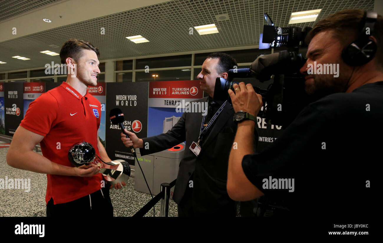 England U20's Freddie Woodman is interviewed as he arrives at Birmingham Airport with the World Cup. PRESS ASSOCIATION Photo. Picture date: Monday June 12, 2017. England won the Under-20 World Cup after beating Venezuela 1-0 in Suwon yesterday afternoon. See PA story SOCCER England U20. Photo credit should read: Nigel French/PA Wire Stock Photo