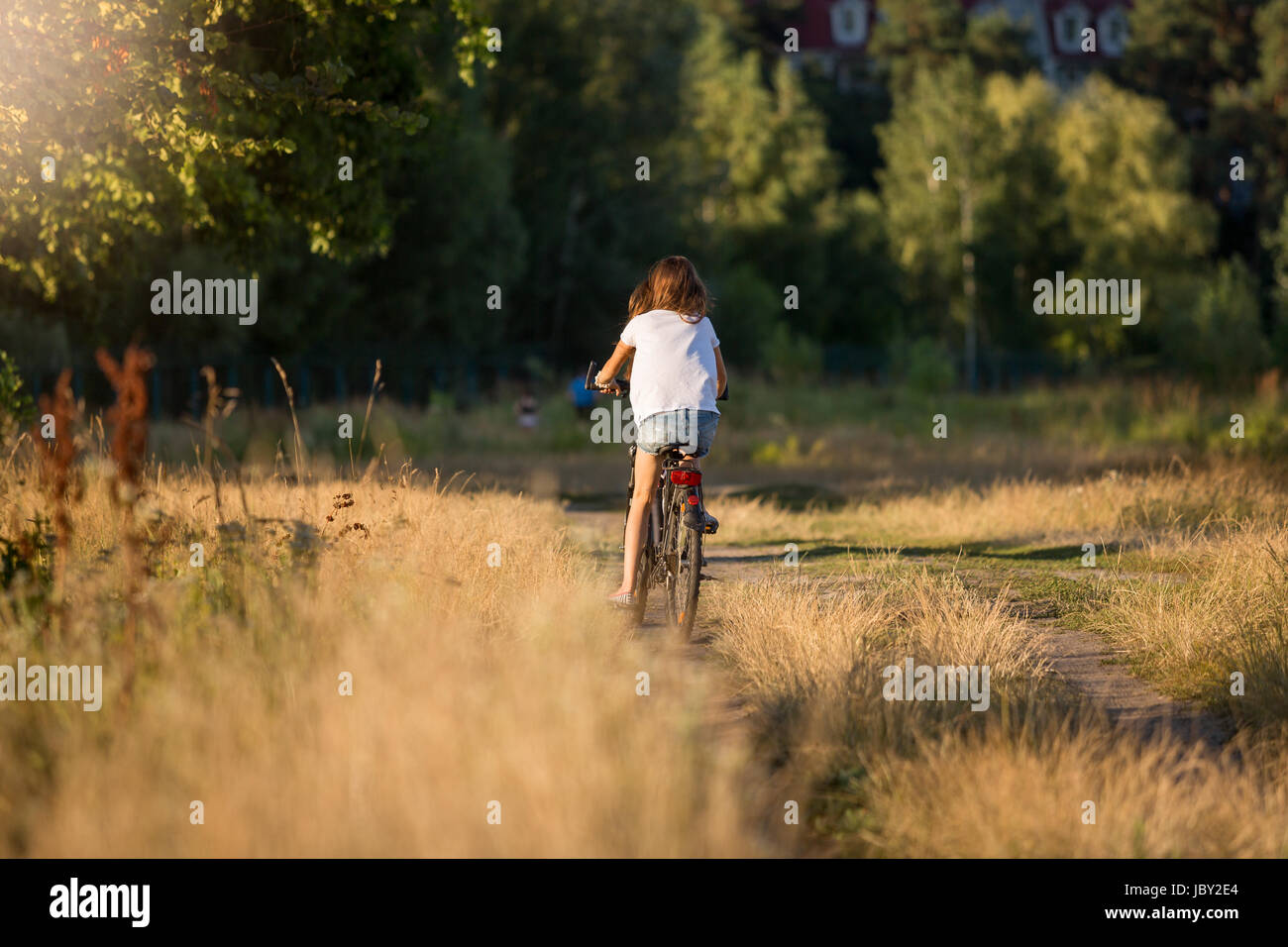 Toned image of young woman riding away on bicycle at meadow Stock Photo ...