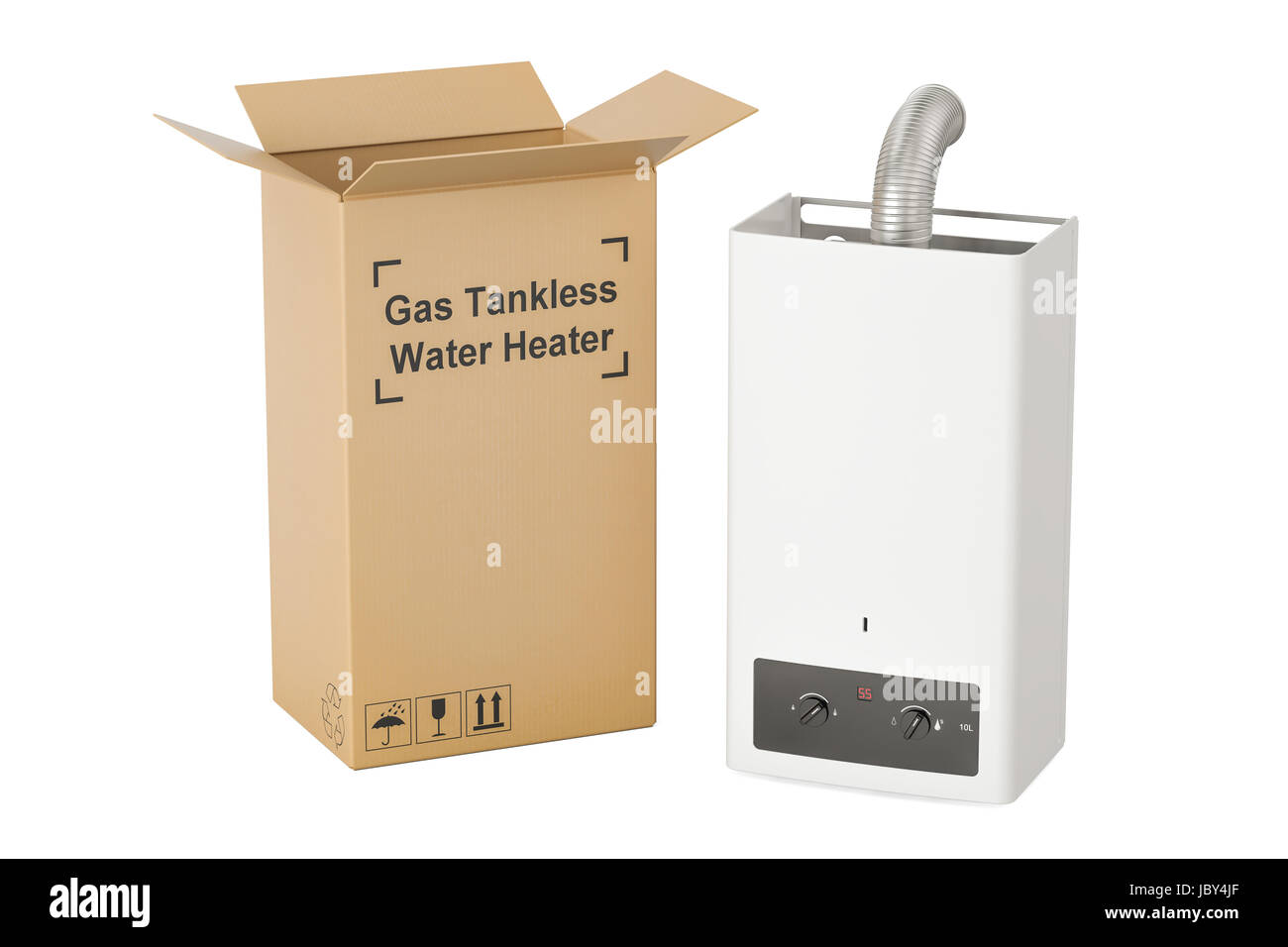 Gas tankless water heater with cardboard box, delivery concept. 3D rendering Stock Photo