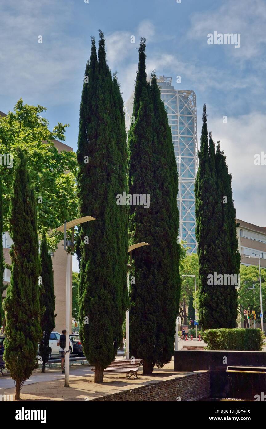 View of the landmark luxury Hotel Arts on the waterfront with the Peix sculpture in front in the Olympic Games area in Barcelona Stock Photo
