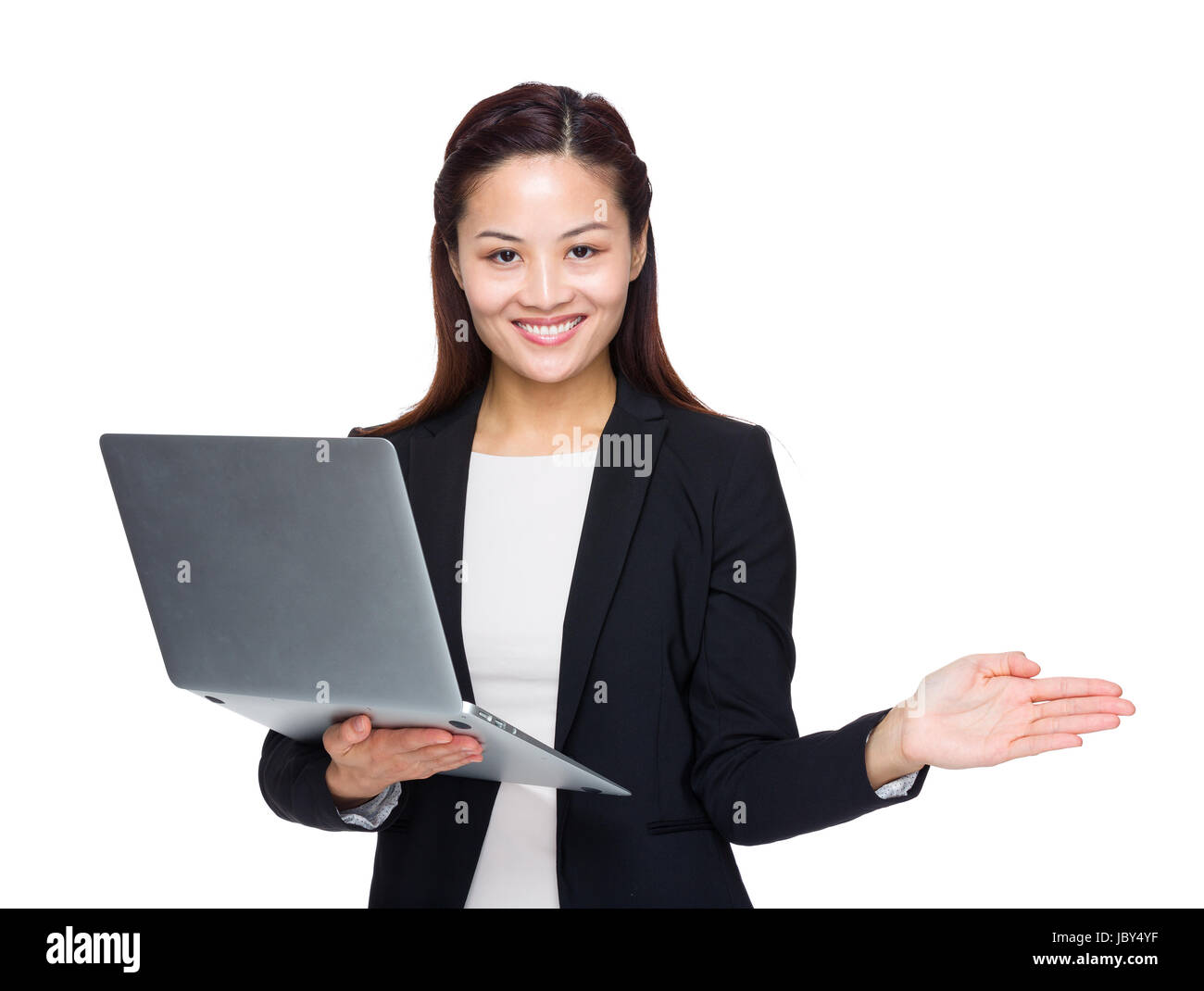 Business woman hold laptop computer and open hand palm Stock Photo Alamy