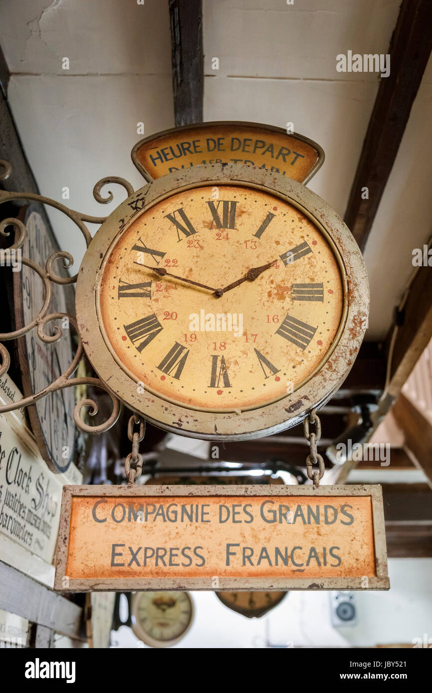 Antique rusting French railway station clock & name plate, analogue round clock face, Roman