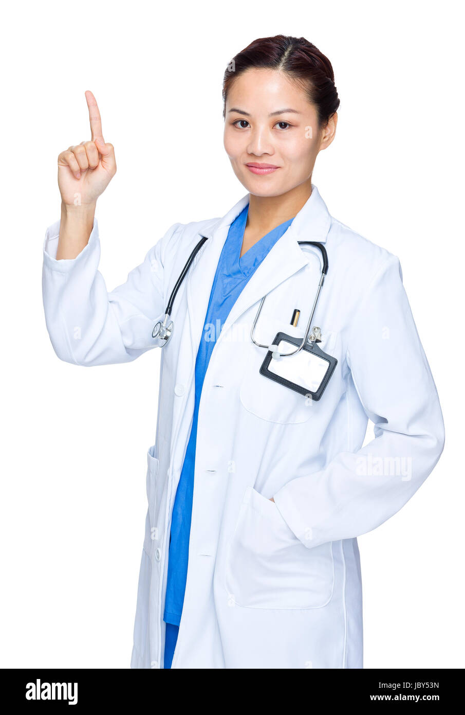 Asian woman doctor with finger point up Stock Photo - Alamy