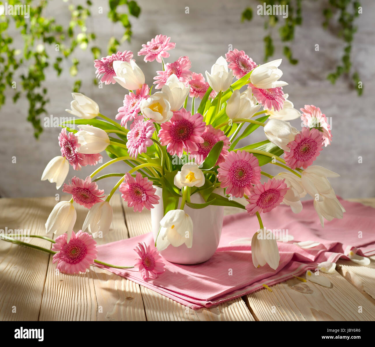 Bouquet of flowers with tulips and gerberas. Stock Photo