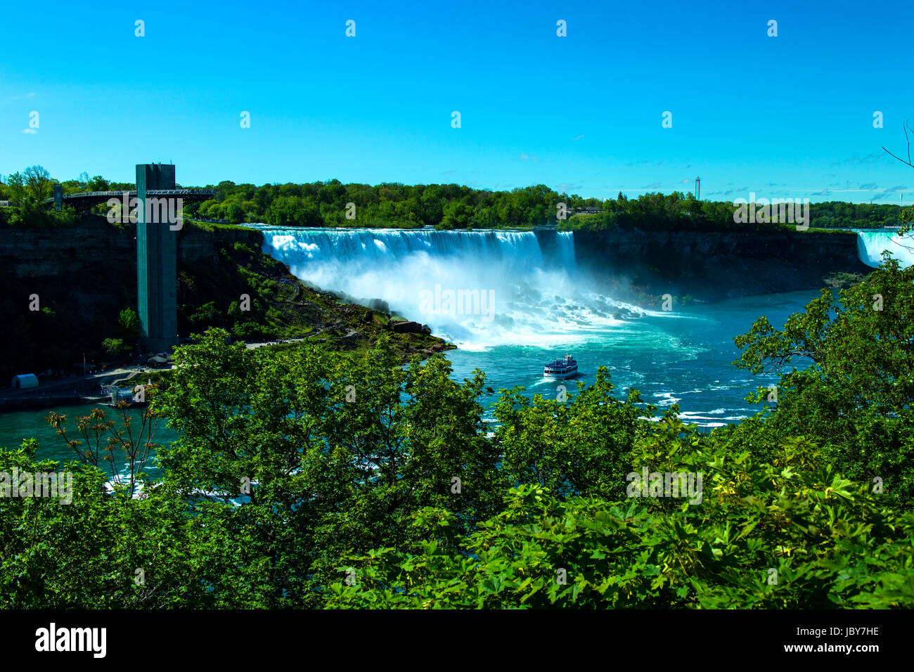 Prospect Point observation tower on the American side of Niagara Falls as seen from the Canadian side Stock Photo