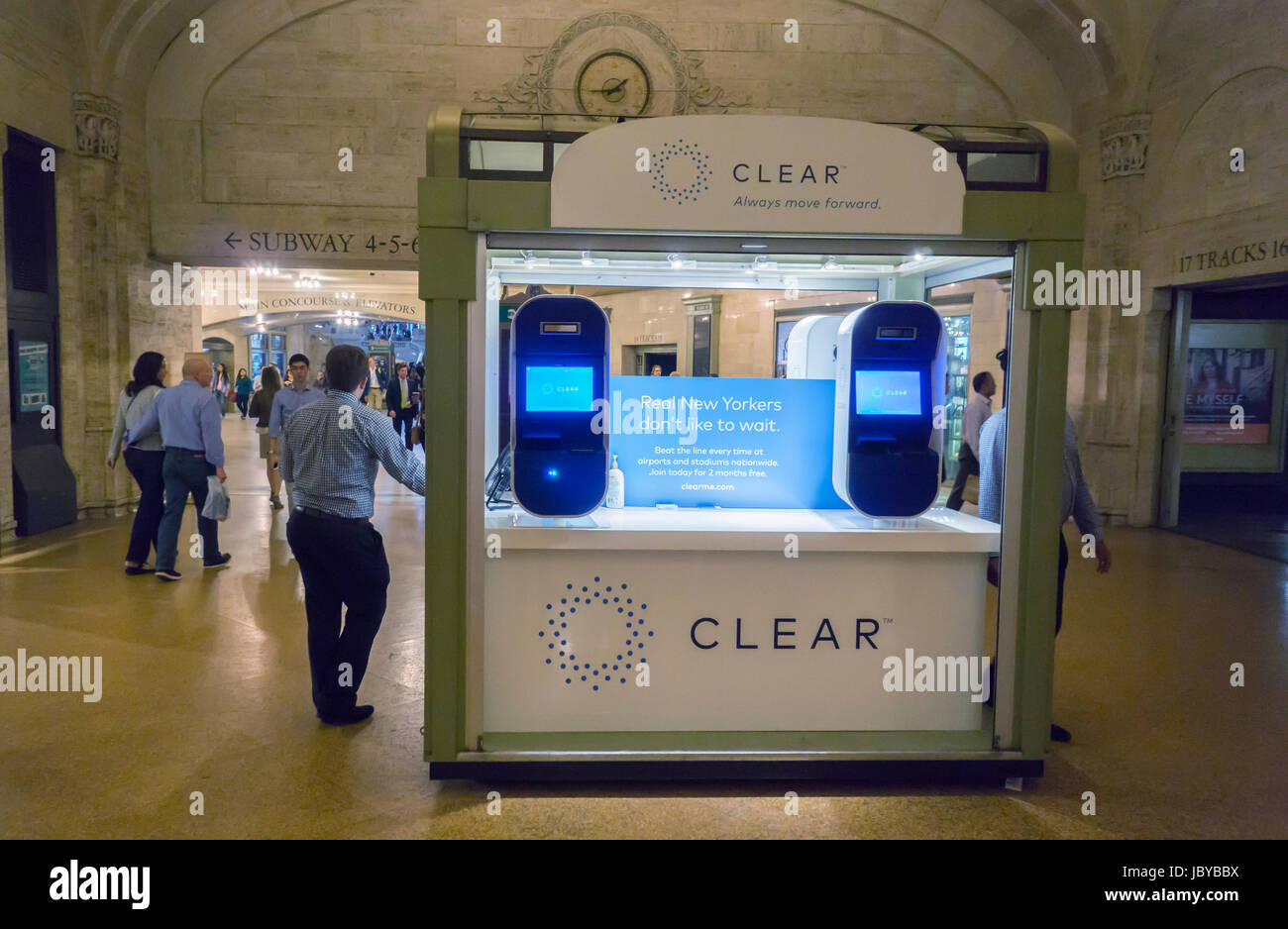 The kiosk for Clear biometrics company in Grand Central Terminal in New York on Thursday, June 8, 2017. Clear, by using a travelers biometrics such as fingerprints and a high-res facial image, allows travelers to bypass much of the TSA security in airports by using a dedicated lane. Clear is in use in a number of sports arenas and domestic airports. (© Richard B. Levine) Stock Photo