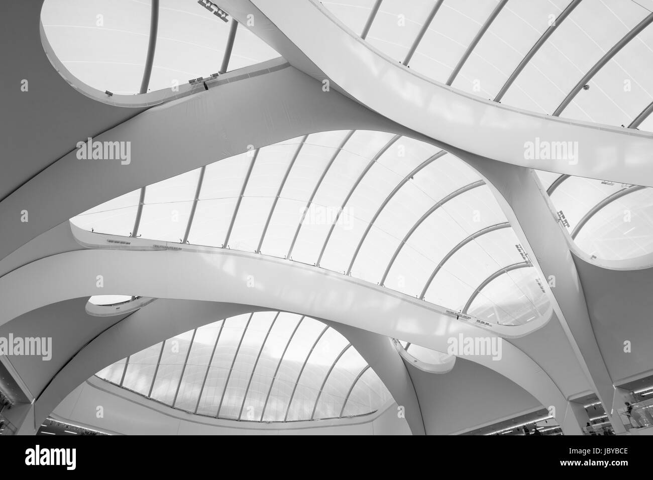 Looking up at the roof at Grand Central, Birmingham. Stock Photo