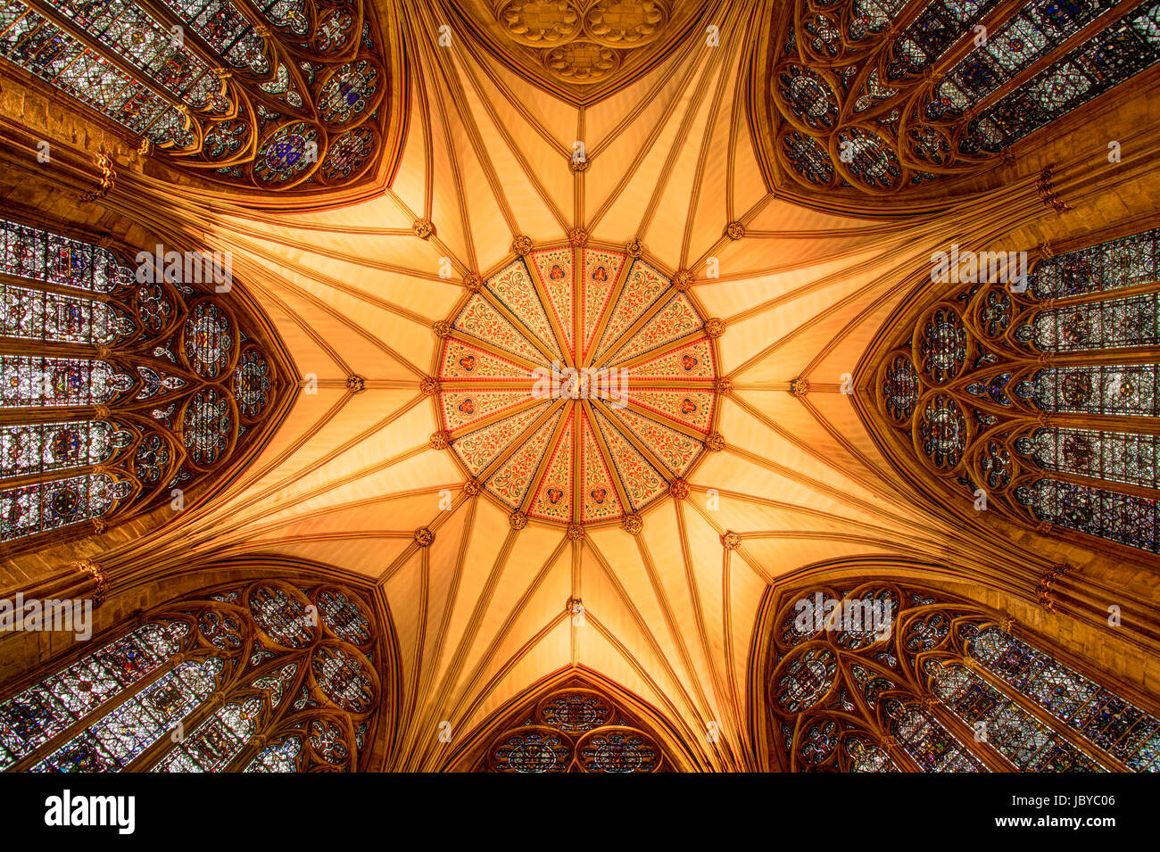 Looking up at the marvelous ornate ceiling in the Chaptor House, York Minster.  Built between 1260 and 1280s. Stock Photo