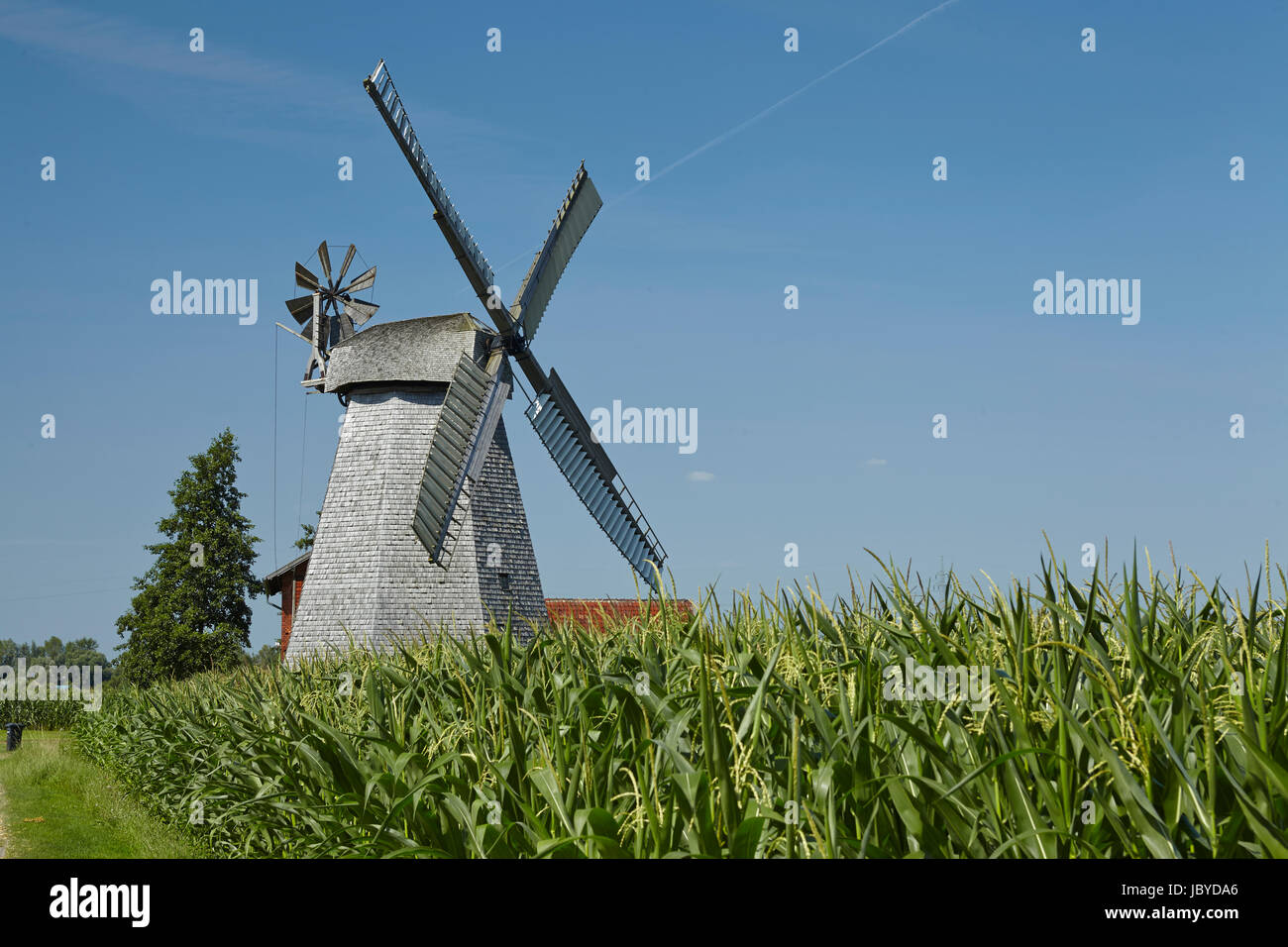 The windmill Bierde (Petershagen, Germany) is a dutch type of windmill and is part of the Westphalia Mill Street (Westfaelische Muehlenstrasse). Stock Photo