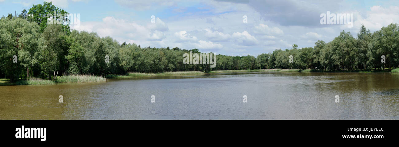Naturlandschaft in Polen, idyllischer See umgeben von Wald, Panorama, Natural landscape in Poland, idyllic lake surrounded by forest, panoramic, Stock Photo