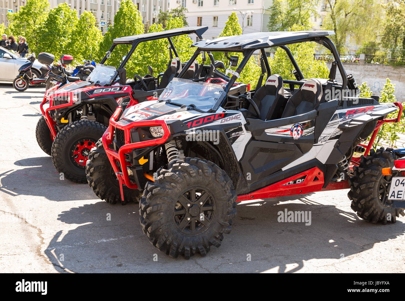Samara, Russia May 13, 2017 Red atv quad bikes parked at the city