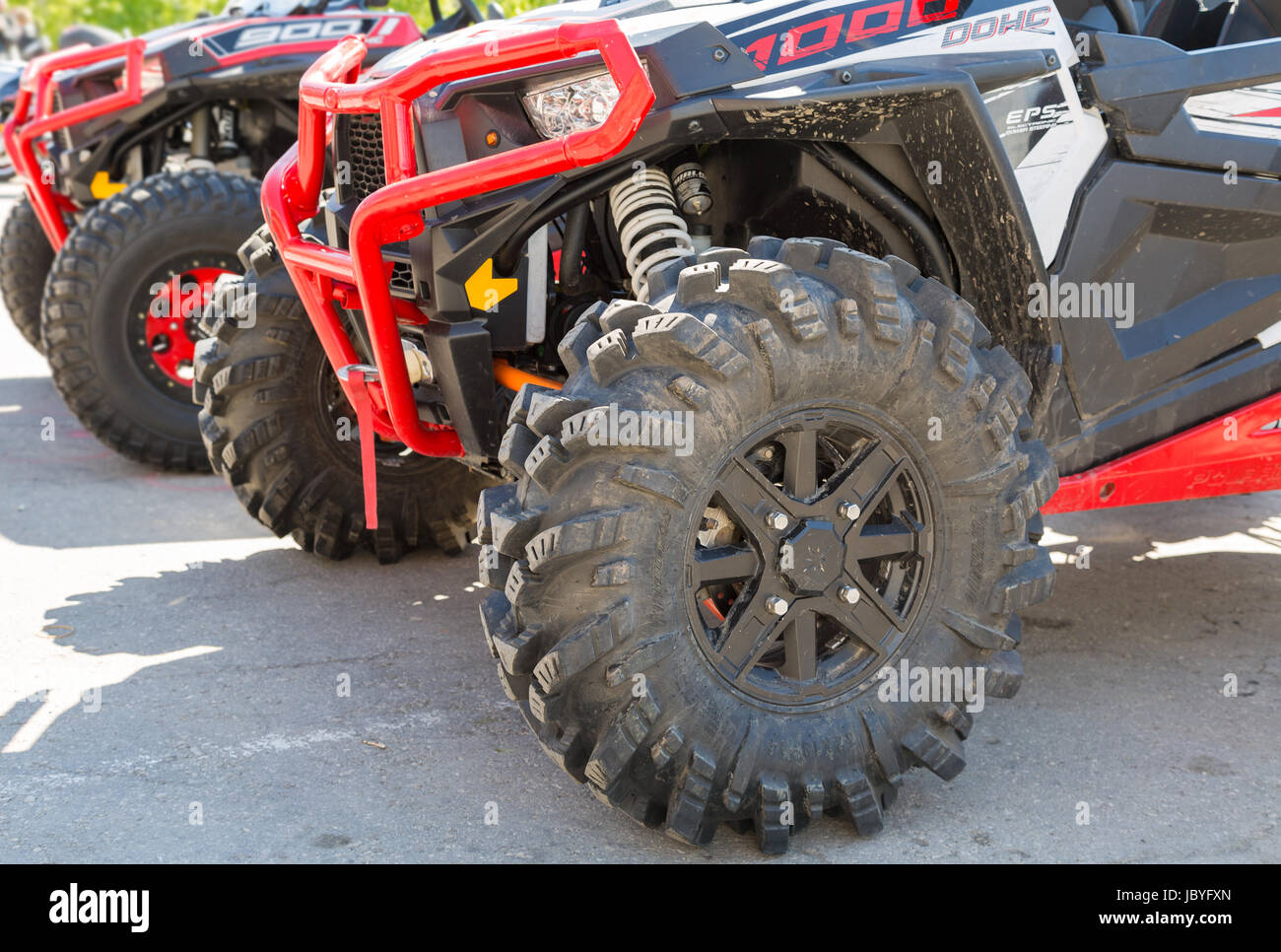 Samara, Russia May 13, 2017 Wheels of atv quad bikes parked at the