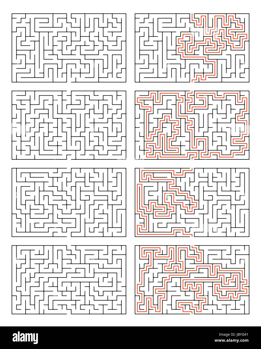 An image of four mazes with solution Stock Photo