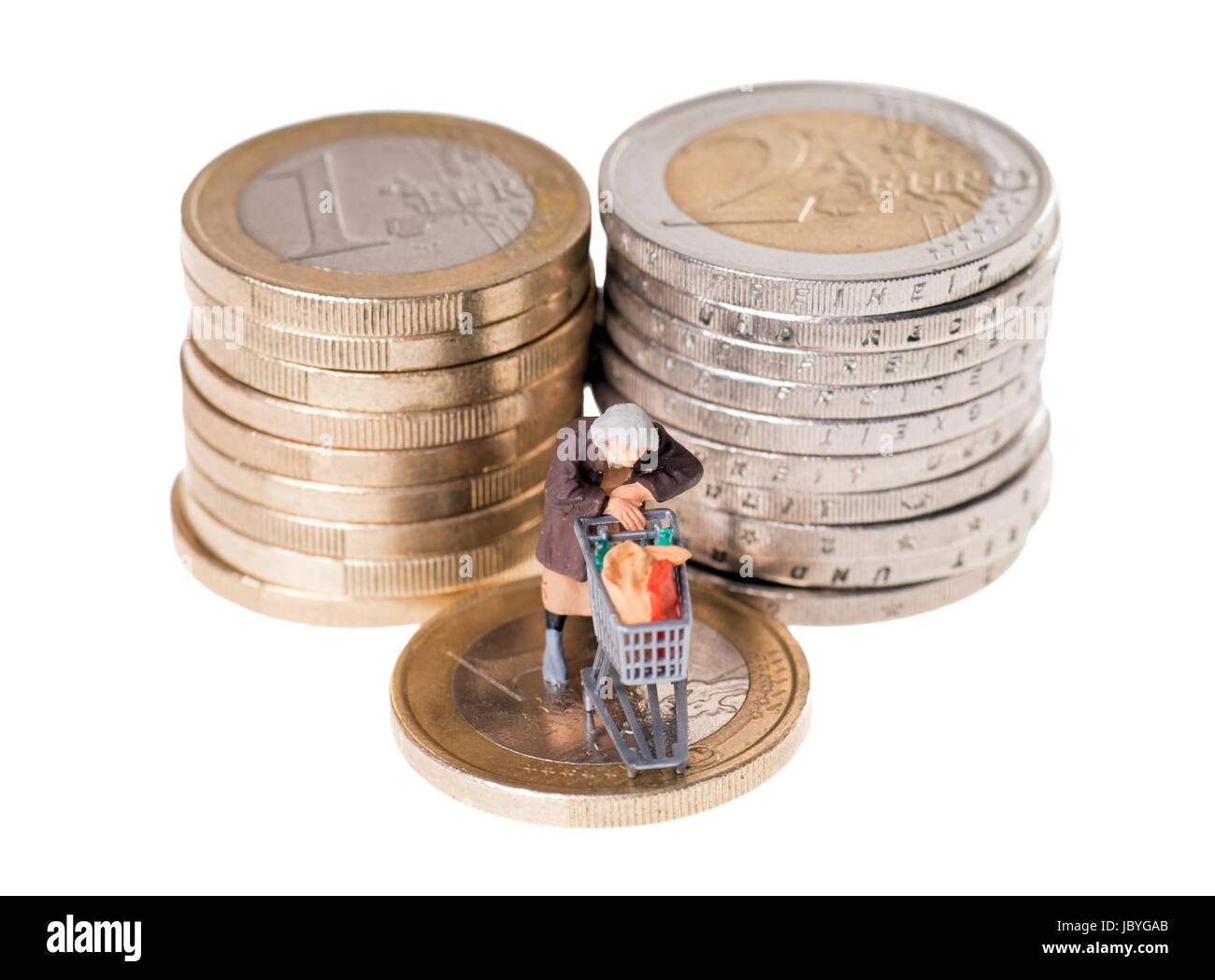 Old Woman With Shopping Cart On A Euro Coin Stock Photo 145049699