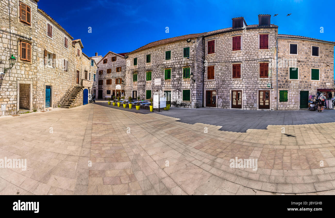Old square in ancient town Starigrad, Island Hvar, Croatia. Stock Photo
