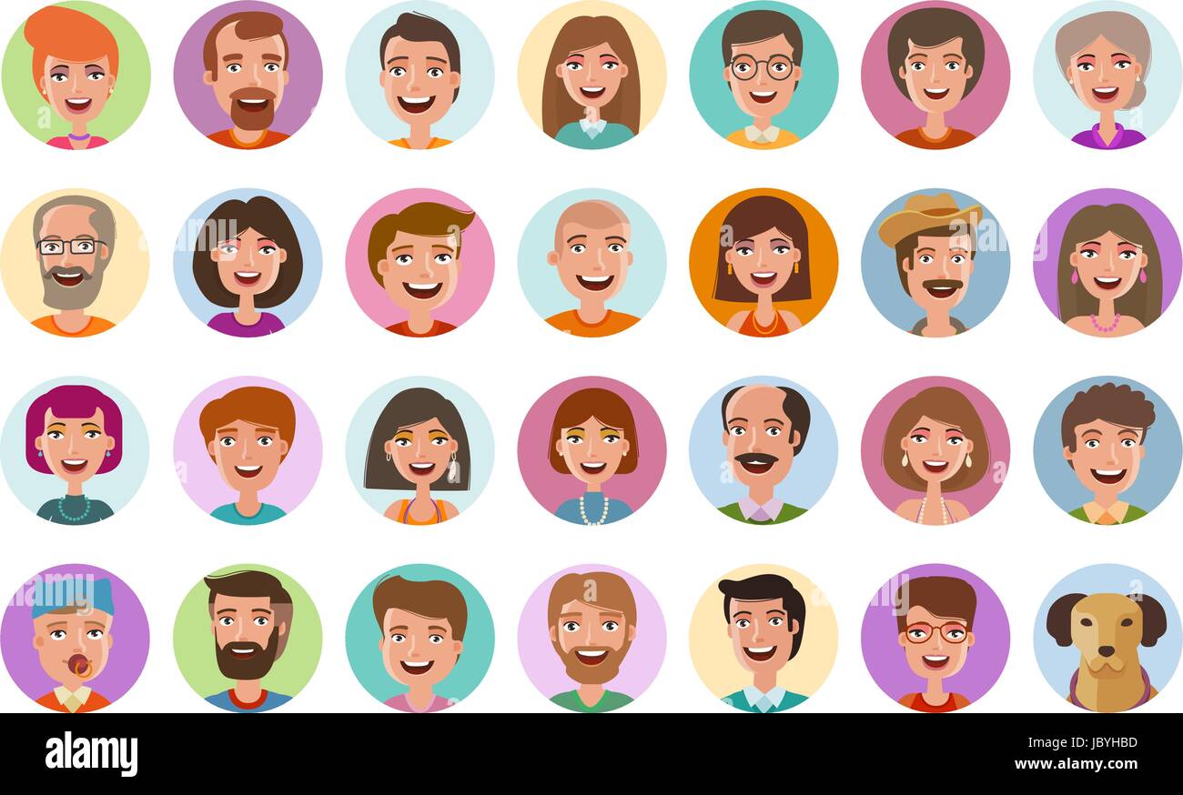 People icons set. Avatar profile, diverse faces, social network, chat symbol. Cartoon vector illustration flat style Stock Vector