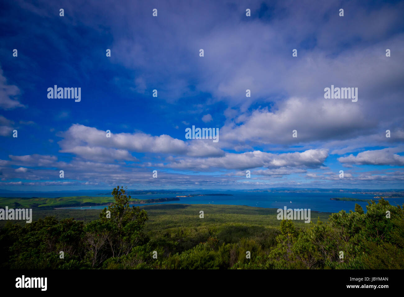 View to Rangitoto Island from North Head in a sunny day with a beautiful blue sky. Stock Photo