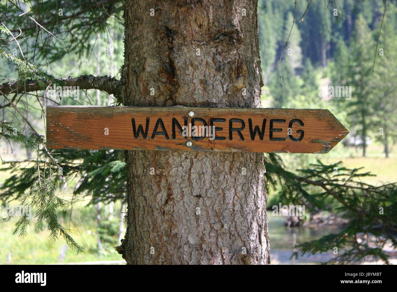 hiking trail wooden sign Stock Photo