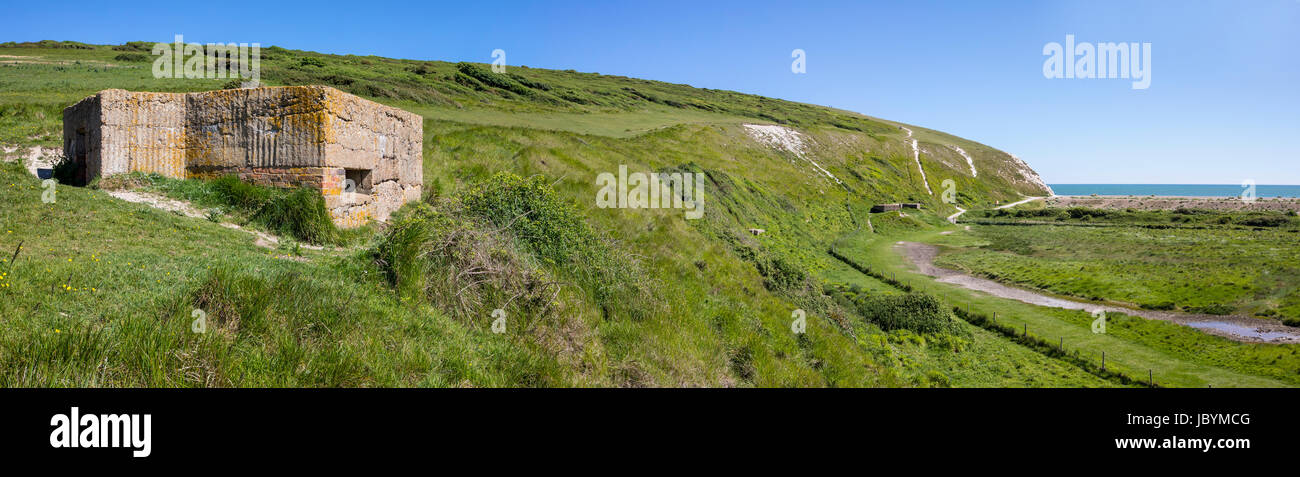 A panoramic view showing World War II defences at the estuary in Cuckmere Haven, situated in the Seven Sisters Country Park in East Sussex, UK. Stock Photo