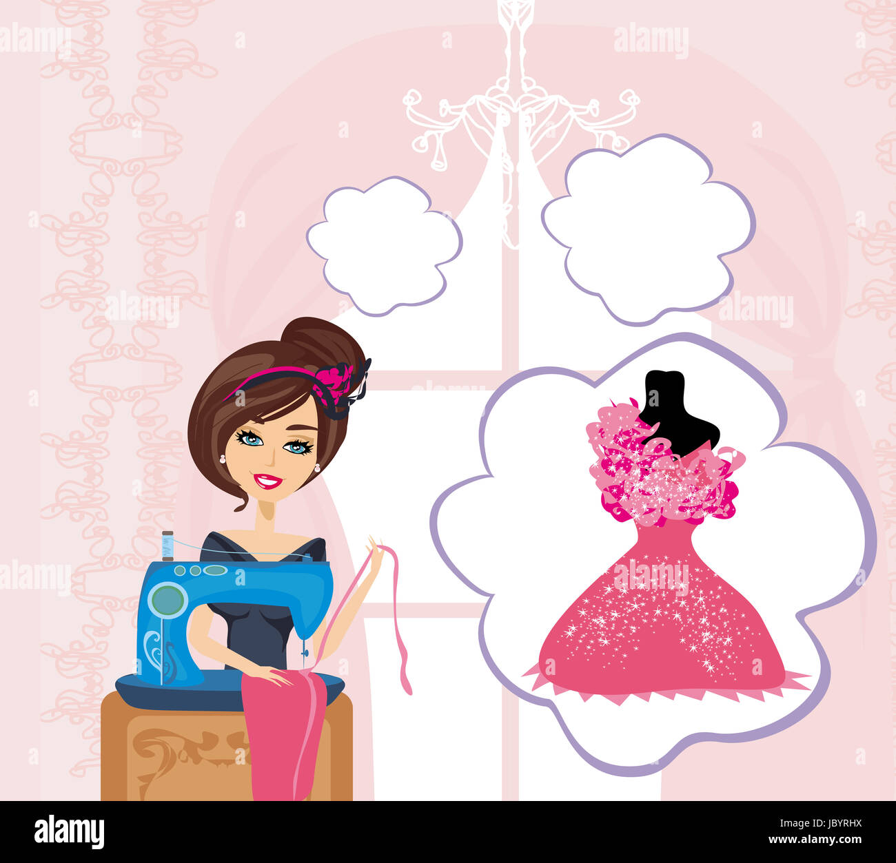 Girl sewing machine dreams beautiful dress designer hires stock