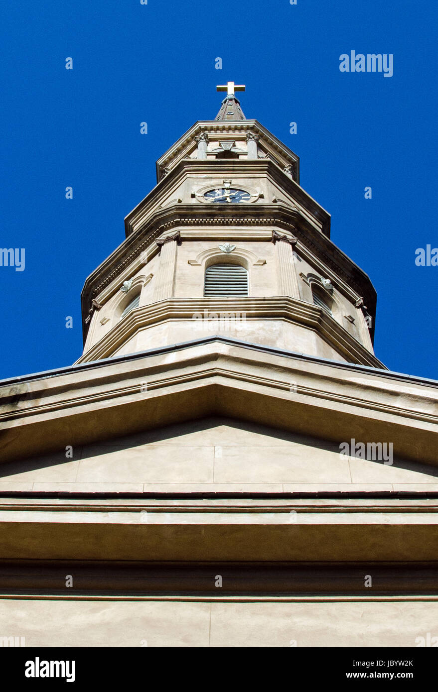 St. Philip's Episcopal Church, built in Charleston, SC in 1836, features an imposing tower designed in the Wren-Gibbs tradition. Stock Photo