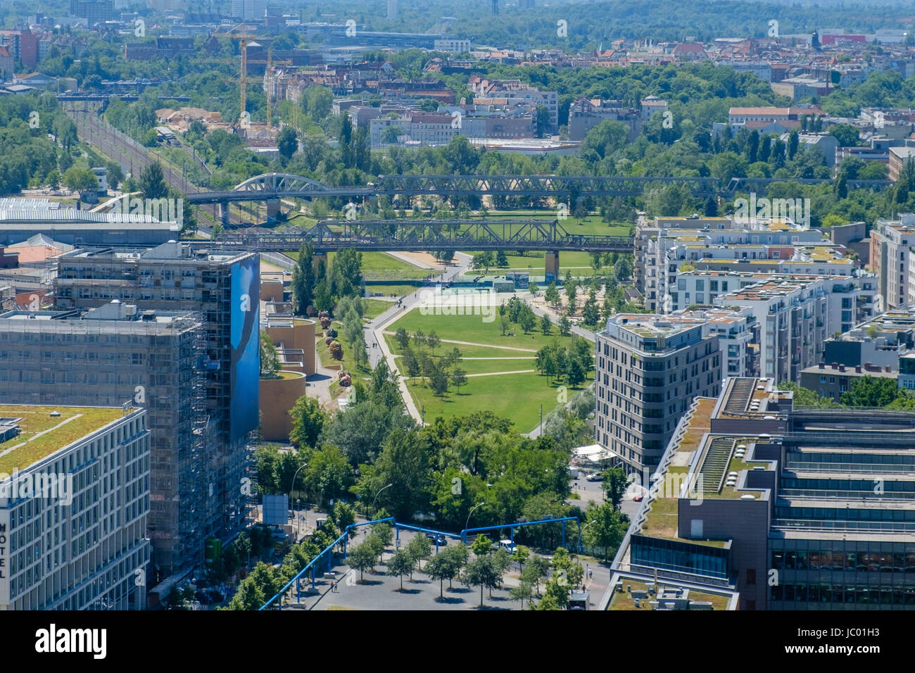 City aerial of Berlin around the Potsdamer Platz, with Gleisdreicek Park and district Schoeneberg Stock Photo
