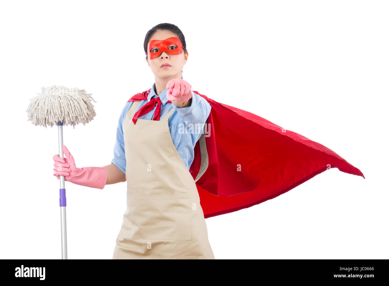 confidence success super hero housewife holding mop pointing at camera ask for challenge. isolated on white background. housework and household concep Stock Photo