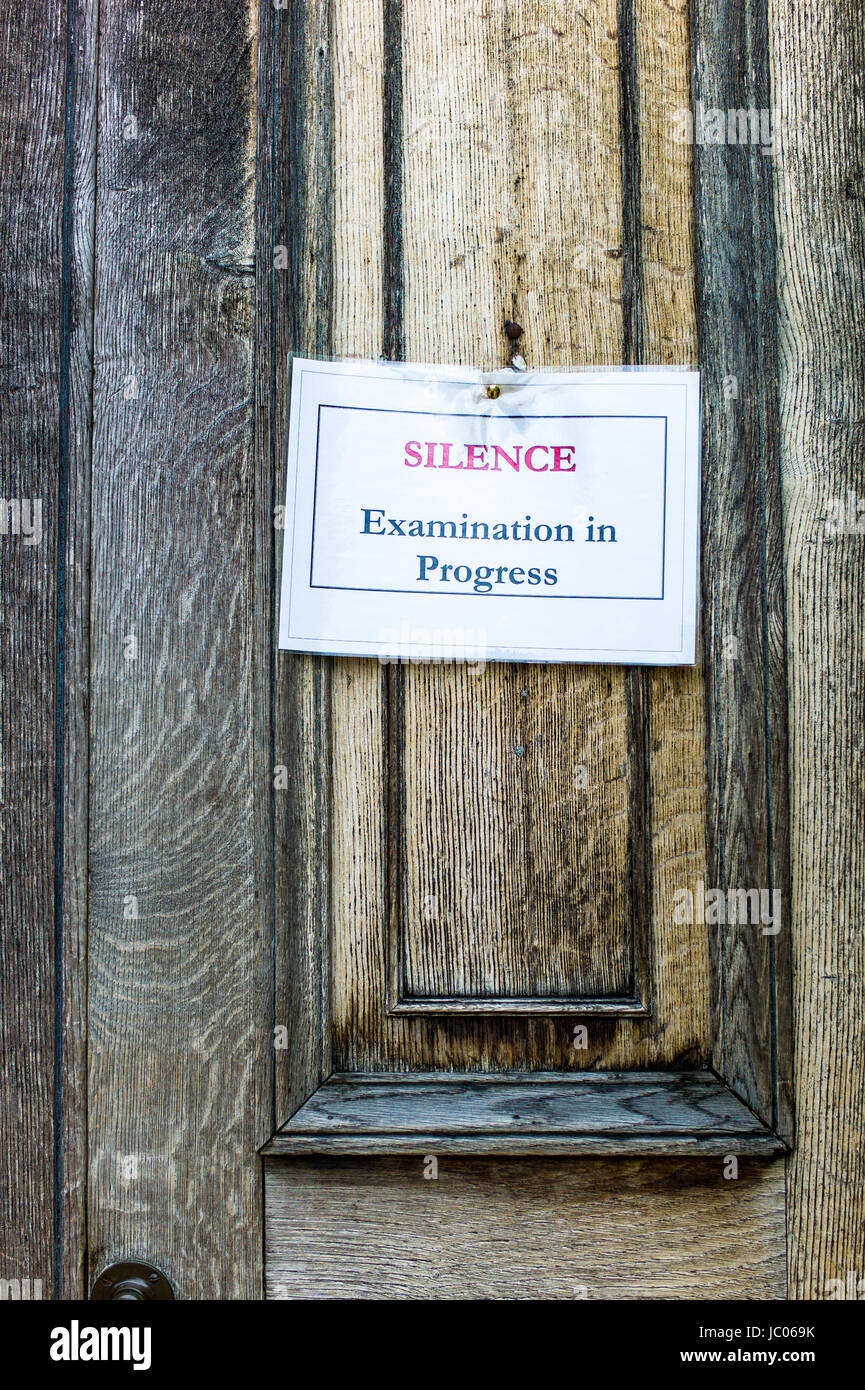 Silence Exams in Progress Notice asking for Silence during Exams, Downing College, part of the University of Cambridge, UK Stock Photo