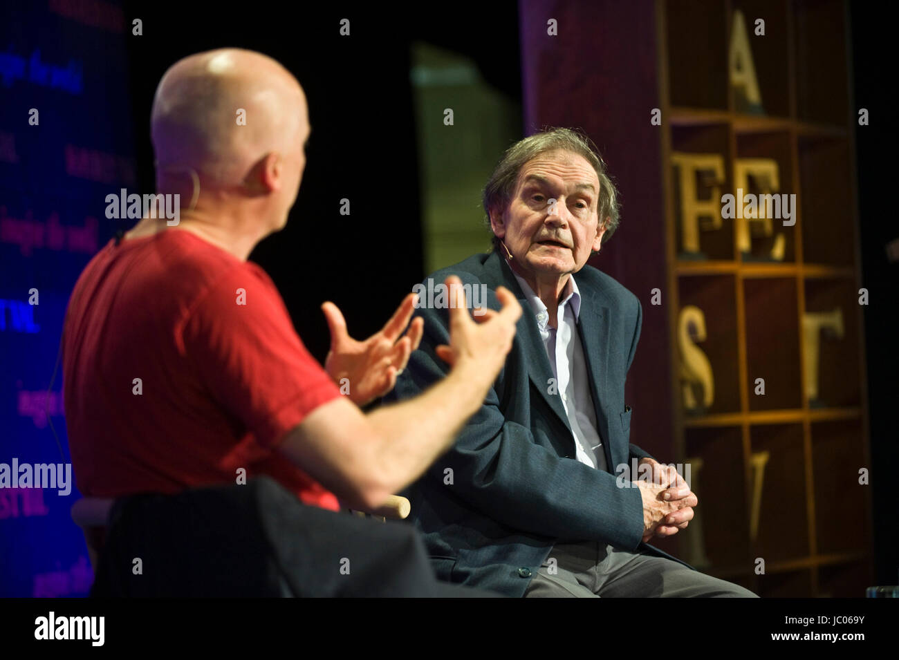 Roger Penrose theoretical physicist speaking on stage at Hay Festival of Literature and the Arts 2017 Hay-on-Wye Powys Wales UK Stock Photo