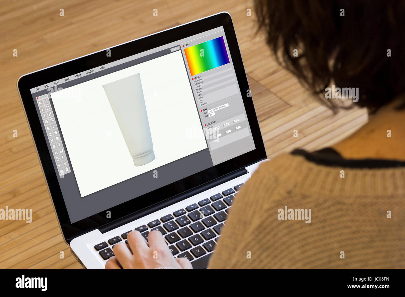 design concept: product design on a laptop screen. Screen graphics are made up. Stock Photo