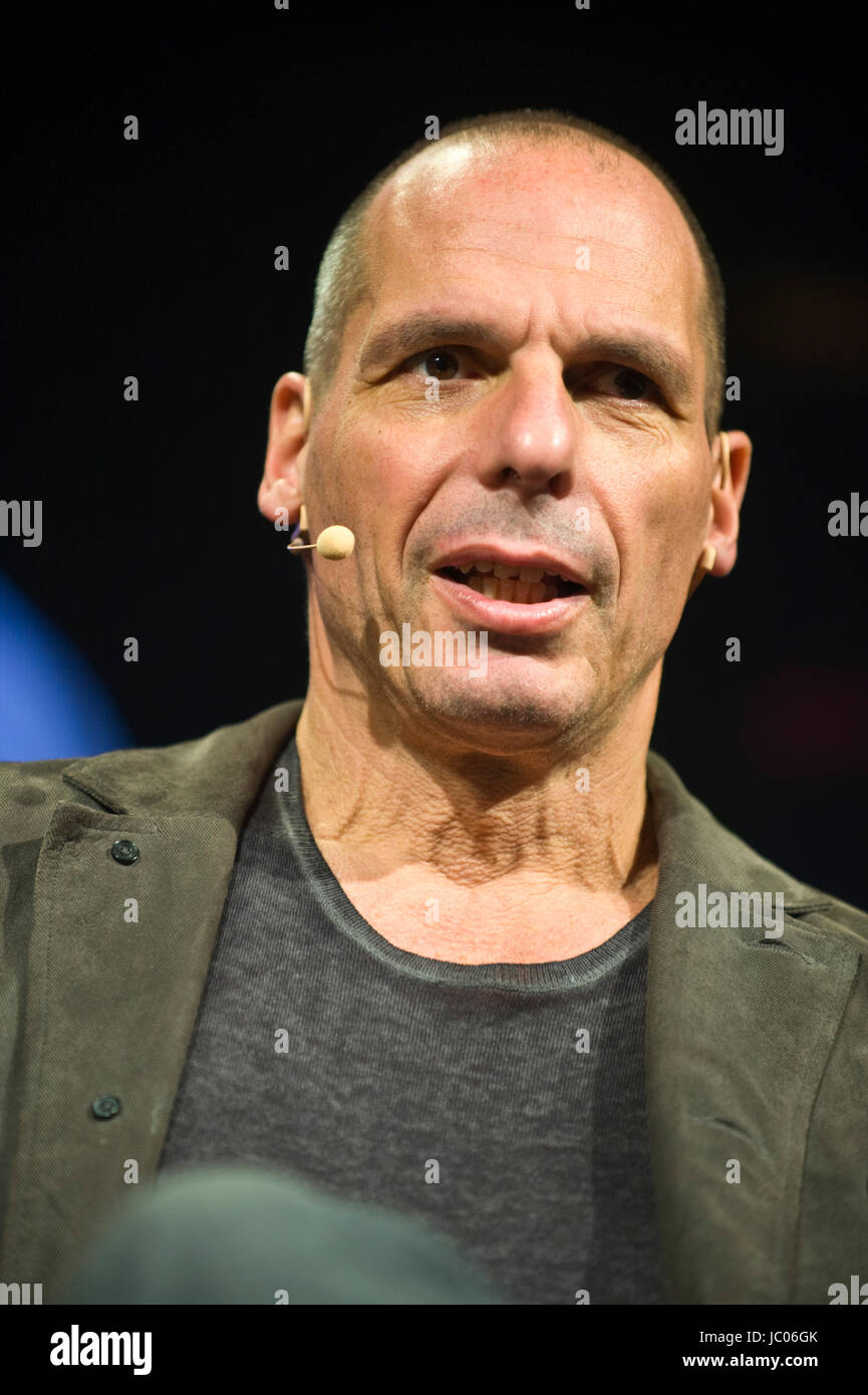 Yanis Varoufakis Greek economist academic & politician speaking on stage from lectern at Hay Festival of Literature and the Arts 2017 Hay-on-Wye Powys Wales UK Stock Photo